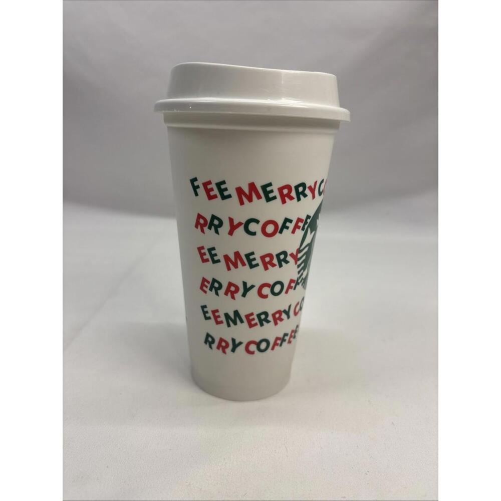 Starbucks Coffee Reusable Travel Plastic Cups 16oz w Lid 2013 White Merry Coffee - Picture 3 of 7